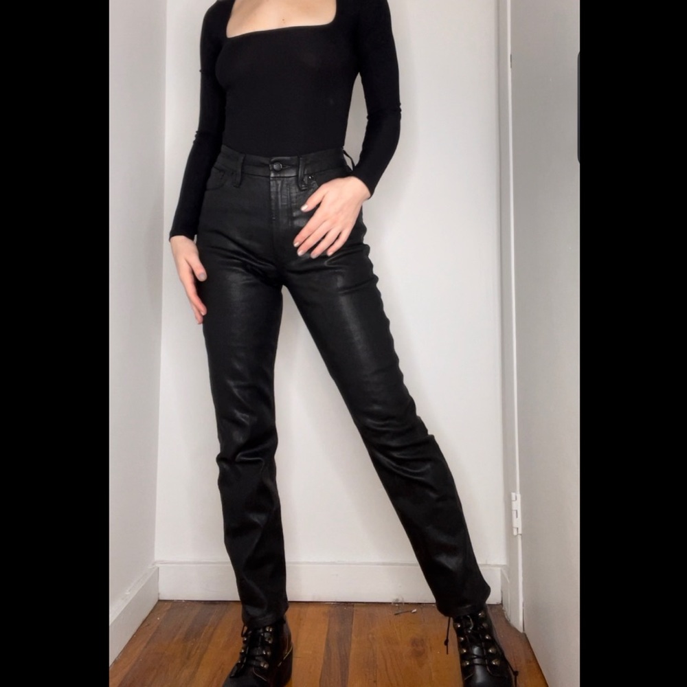 Black coated leather look straight ankle jeans